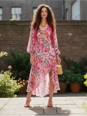 NWT For Love & Lemons Tiana Printed Flowy Ruffles Sheer Tie Front Midi Dres XS